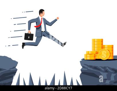 Businessman jumps to money through abyss with thorns. Business man in suit with briefcase jump between gap. Obstacle on road, financial crisis. Risk management challenge. Flat vector illustration Stock Vector