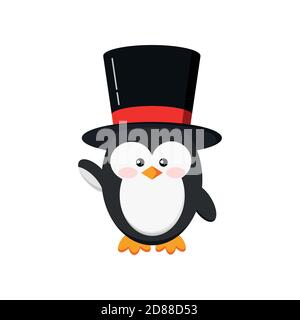 Cute penguin boy in black hat isolated on white background. Stock Vector