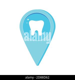 Dental location map pin with tooth inside isolated on white background. Stock Vector
