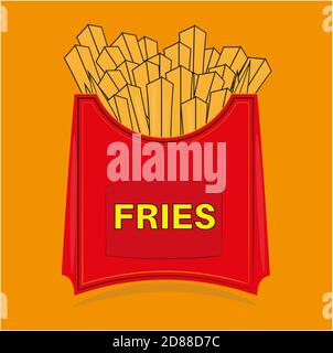 Vector illustration of French Fries in a red take away carton package, Isolated on yellow background Stock Vector