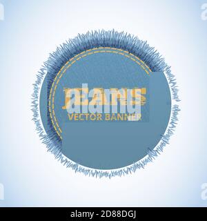 Vector realistic banner of jeans. Realistic denim banner with texture and fringe. Stock Vector