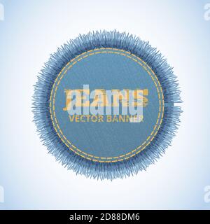 Vector realistic banner of jeans. Realistic denim banner with texture and fringe. Stock Vector