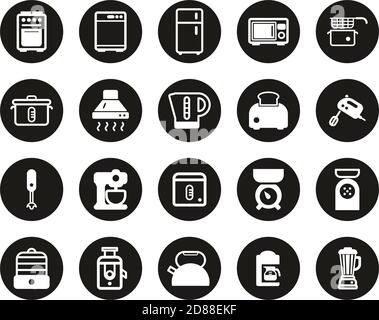 Kitchen Appliances Icons White On Black Flat Design Circle Set Big Stock Vector