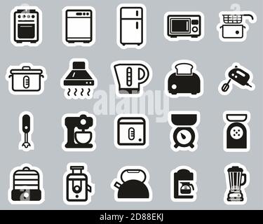 Kitchen Appliances Icons Black & White Sticker Set Big Stock Vector