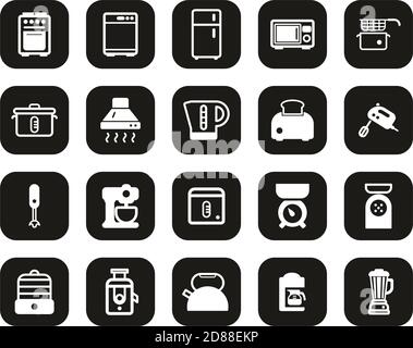 Kitchen Appliances Icons White On Black Flat Design Set Big Stock Vector