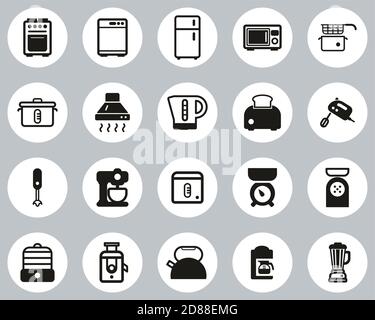 Kitchen Appliances Icons Black & White Flat Design Circle Set Big Stock Vector