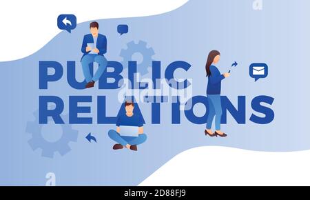Public relations and marketing background with symbols and people. Social media marketing concept. Flat style design with gradient. Modern vector. Stock Vector