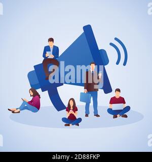 Public relations and marketing background with symbols and people. Social media marketing concept. Flat style design with gradient. Modern vector. Stock Vector
