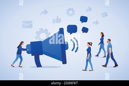 Public relations and marketing background with symbols and people. Social media marketing concept. Flat style design with gradient. Modern vector. Stock Vector