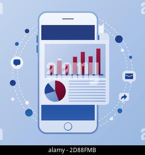 Public relations and marketing background with symbols and people. Smart phone with graph. Flat style design with gradient. Modern vector. Stock Vector
