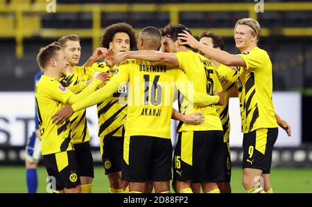 Mats Hummels of Borussia Dortmund celebrates after the 3rd goal with teammates during the German championship Bundesliga football match between Boru C Stock Photo