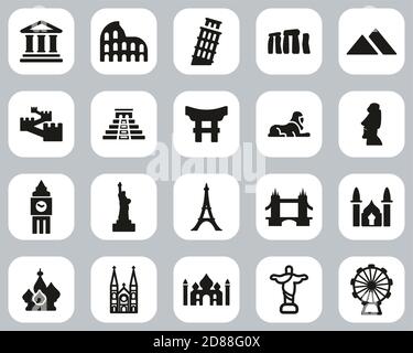 Landmarks Of The World Icons Black & White Flat Design Set Big Stock Vector