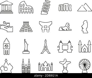 Landmarks Of The World Icons Black & White Thin Line Set Big Stock Vector