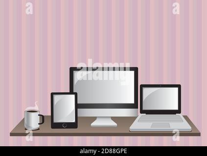 Vector illustration of three technology items on the wooden deaktop. Stock Vector