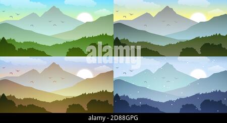 Set of four seasons - spring, summer, autumn, winter. Vector background of beautiful landscape with green hills, bright color blue sky. Background in Stock Vector