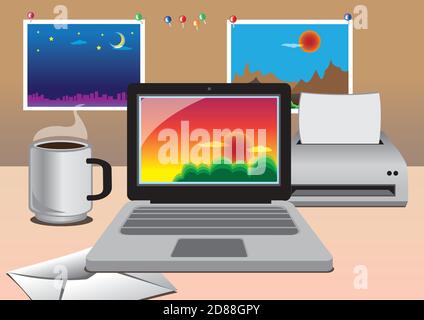 Vector office computer, printer, coffee and photographs Stock Vector