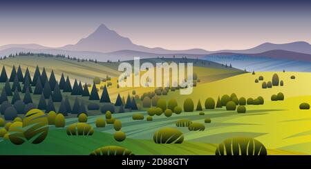 Vector background of beautiful landscape with green hills, fields and meadows, background in flat cartoon style - polygonal landscape illustration. Stock Vector