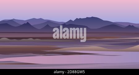 Vector background of beautiful pink dessert landscape with hills, background in flat cartoon style - polygonal landscape illustration. Stock Vector