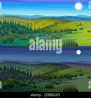 Set of two vector background of beautiful day and night landscape - green hills, bright color blue sky, meadows and fields. Background in flat cartoon Stock Vector