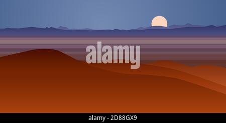 Vector background of beautiful night desert landscape with hills, background in flat cartoon style - polygonal landscape illustration. Stock Vector