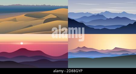 Set of four beautiful vector backgrounds. Landscape with hills, dessert and sunset. Background in flat cartoon style - polygonal landscape illustratio Stock Vector