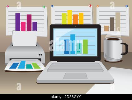 vector office computer, printer and coffee with business diagrams Stock Vector