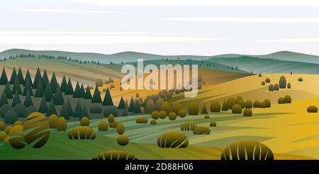 Vector background of beautiful landscape with green hills, fields and meadows, background in flat cartoon style - polygonal landscape illustration. Stock Vector