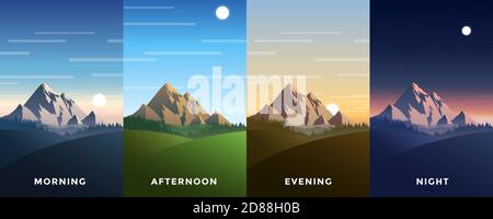 Set of four vector background of times of the day. Beautiful mountain landscape with colorful sky. Background in flat cartoon style - polygonal landsc Stock Vector
