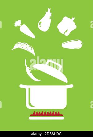 Variety of vegetables floating in the air and going into cooking pot above stove. Minimalist vector illustration isolated on green background. Stock Vector