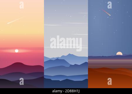Set tof three vector background of beautiful landscape with hills, bright color sky - evening and morning, background in flat cartoon style - polygona Stock Vector