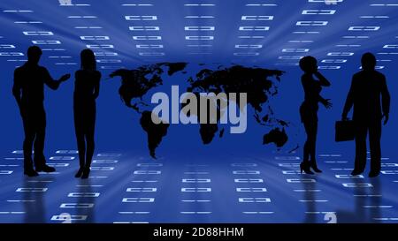 Abstract business background with world map - black silhouette of people group - blue virtual room with arranged digits of binary code Stock Photo