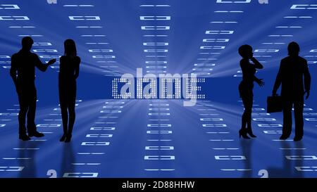 Abstract business background with CODE lettering - black silhouette of people group - blue virtual room with arranged digits of binary code Stock Photo