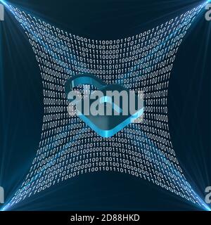 Binary code on blue background  with light effects - closed padlock symbolic for data security shown in front - cyber internet or network concept Stock Photo