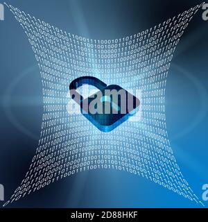 Binary code in shaped surface on blue background - closed padlock symbolic for data security shown in front - cyber internet concept Stock Photo