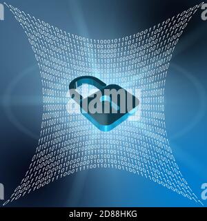 Binary code in shaped surface on blue background - closed padlock symbolic for data security shown in front - cyber internet concept Stock Photo