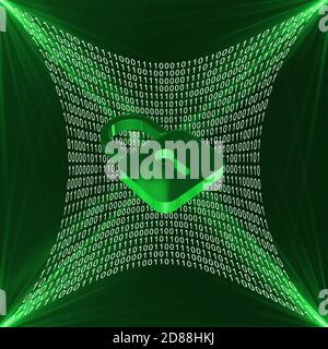 Binary code on green background  with light effects - closed padlock symbolic for data security shown in front - cyber internet or network concept Stock Photo