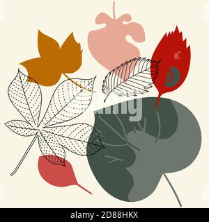 Composition of autumn leaves with fall colors in the style of a minimalistic illustration of simple lines and a limited set of colors, graphic design Stock Vector