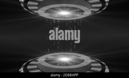 HUD elements in grey on dark background - light beam in cylinder shape with floating digits of the binary code - futuristic digital technology concept Stock Photo