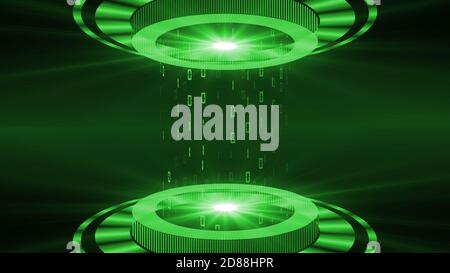 HUD elements green on dark background - light beam in cylinder shape with floating digits of the binary code - futuristic digital technology concept Stock Photo