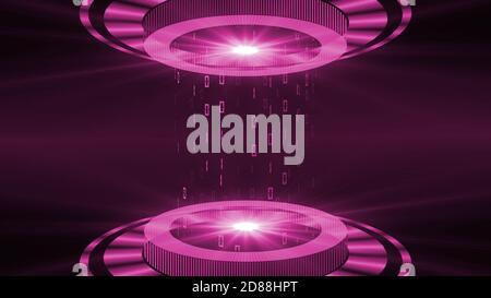 HUD elements in pink on dark background - light beam in cylinder shape with floating digits of the binary code - futuristic digital technology concept Stock Photo