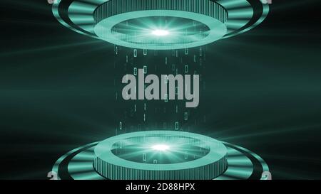 HUD elements in turquoise - light beam in cylinder shape with floating digits of the binary code - futuristic digital technology concept Stock Photo