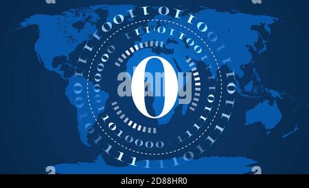 Abstract digital computer background - circles of binary code with digit 0 in the center - blue world map BG - cyber internet or network technology Stock Photo