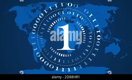 Abstract digital computer background - circles of binary code with digit 1 in the center - blue world map BG - cyber internet or network technology Stock Photo