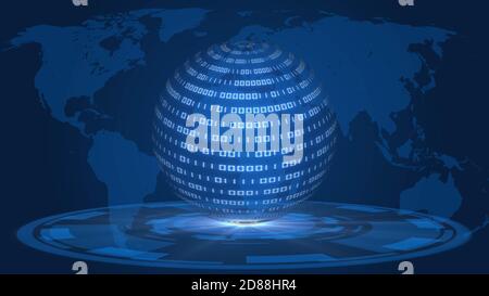 Abstract 3D data flow illustration - digital futuristic technology concept - sphere of binary code over HUD elements in light effects Stock Photo