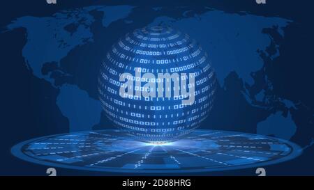 Abstract 3D data flow illustration - digital futuristic technology concept - sphere of binary code over HUD elements in light effects Stock Photo