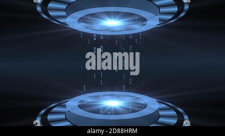 HUD elements in blue on dark background - light beam in cylinder shape with floating digits of the binary code - futuristic digital technology concept Stock Photo