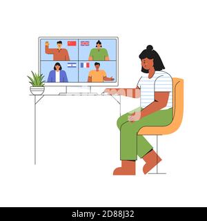 Distance online education concept. Girl chooses a course to study a foreign language on the website. E-learning at home. Trendy vector illustration Stock Vector