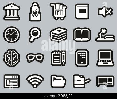 Library Or Study Icons White On Black Sticker Set Big Stock Vector