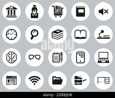 Library Or Study Icons Black & White Flat Design Circle Set Big Stock Vector