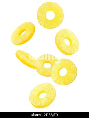 Falling pineapple slice, ring, isolated on white background, clipping path, full depth of field Stock Photo